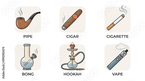 Smoking and tobacco products icon set in vintage hand drawn illustration style