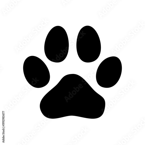 Black silhouette of an animal paw print. Minimalist symbol of a dog or cat for veterinary clinics and pet lovers. Vector illustration.