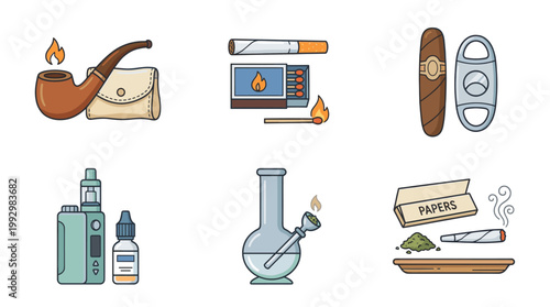 Smoking and tobacco products icon set in vintage hand drawn illustration style