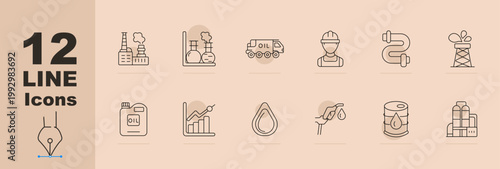 Oil industry and petroleum production line icons set with refinery, chemical lab, fuel truck, worker, pipeline, oil rig, lubricant bottle, growth chart, oil drop, nozzle, barrel and processing plant