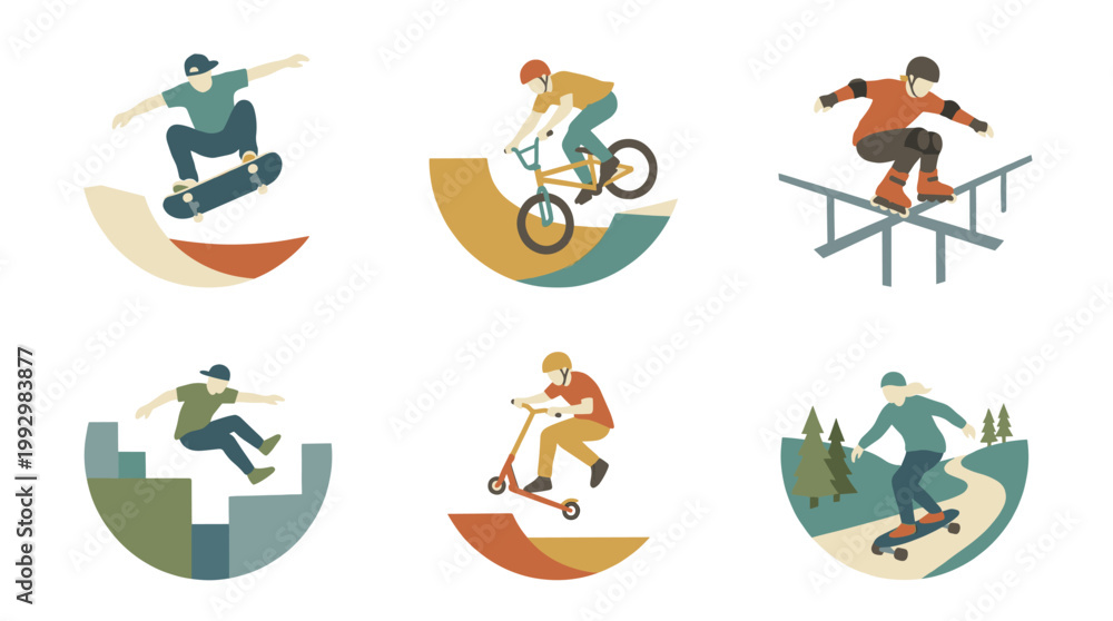 Naklejka premium Urban street sports and culture set in vintage hand drawn illustration style