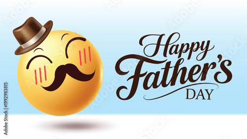 Happy Father's Day Greeting Card With Cute Emoji Wearing Summer Hat And Mustache Vector Illustration
