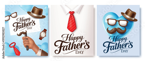 Happy Father's Day Greeting Card Collection With Tie Mustache Summer Hat And Glasses Vector Set