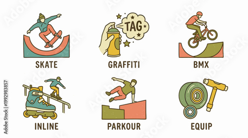 Urban street sports and culture set in vintage hand drawn illustration style