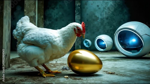 Surreal concept of a white chicken standing next to a large golden egg in a futuristic room