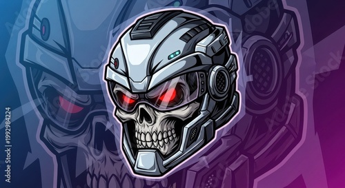 Cyberpunk Skull Illustration with Futuristic Helmet and Red Eyes.