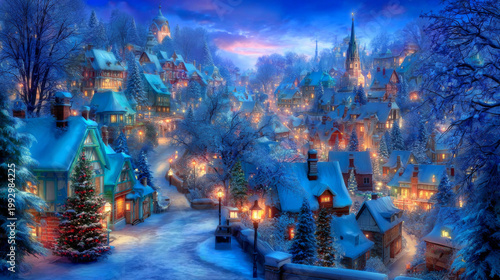 Enchanting Winter Night Village with Snow-Covered Houses, Glowing Lights, and Festive Evergreens as Dusk Falls