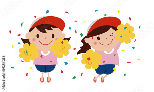 運動会でポンポンを持って応援する女の子（チアガール）のベクターイラスト