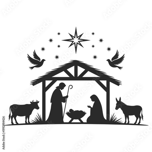 Nativity scene depicts the birth of jesus in a stable setting