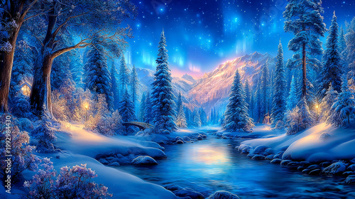 Fantasy Winter Forest with Glowing River and Aurora Night Sky