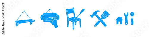 Set of blue hand-drawn DIY and home repair icons including tools, a hanging shelf, a chair being fixed, and a paintbrush. Perfect for renovation, maintenance, and handiwork themes.