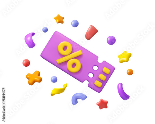 Sale coupon with confetti. Vector 3d bonus voucher. Ticket with discount design