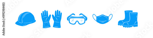 Blue icons of personal protective equipment (PPE) including a hard hat, gloves, safety goggles, face mask, and rubber boots on a white background for industrial safety and health.