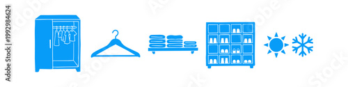 Blue vector icons for wardrobe organization, including hangers, folded clothes, shoe racks, and seasonal sun and snowflake symbols for home storage management.