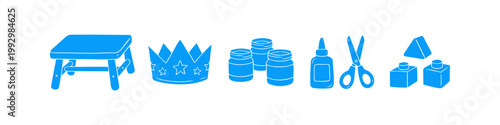 Blue hand-drawn icon set featuring a wooden stool, star crown, craft jars, glue, scissors, and toy blocks. Ideal for education, preschool, kindergarten, and creative hobby designs.