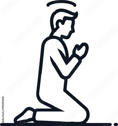 Praying man icon, kneeling person, religious symbol, black line art