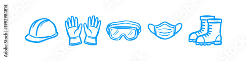 Fotografía Blue hand-drawn doodle icons of personal protective equipment (PPE) including hard hat, gloves, safety goggles, face mask, and work boots on white background