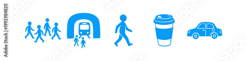 Blue flat icon set illustrating urban commuting: group walking, train leaving tunnel, pedestrian, coffee to go, and car. Ideal for transportation and daily routine concepts.