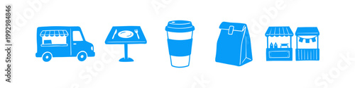 Set of blue hand-drawn street food and dining icons including a food truck, restaurant table, coffee cup, takeout bag, and market stalls on a white background.