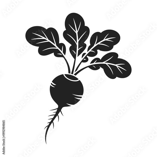 Simple black and white illustration of a radish with leafy greens