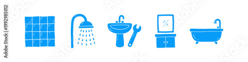 Blue hand-drawn bathroom icons featuring a shower, sink, bathtub, tiles, and plumbing tools on a white background. Perfect for renovation, maintenance, and home improvement service banners.