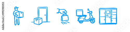 Blue hand-drawn delivery and logistics icons showing a courier with box, package at door, hand-to-hand transfer, delivery scooter, and self-service parcel locker station.