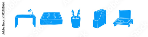 Set of hand-drawn blue icons for office workspace organization, including a desk, lamp, drawer tray, pen holder, file organizer, and laptop on a stand. Perfect for remote work concepts.