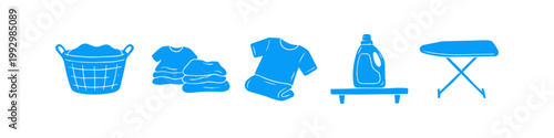Set of blue hand-drawn laundry and garment care icons featuring a full basket, folded clothes, detergent bottle, and ironing board on a white background.