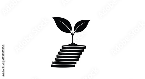 Black plant growing on stacked coins, finance growth, investment success, eco friendly