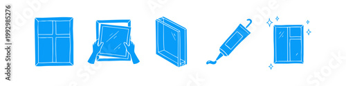 Set of blue hand-drawn icons illustrating the process of window installation, repair, and glazing. Includes window frames, glass fitting, sealant tube, and finished clean window.
