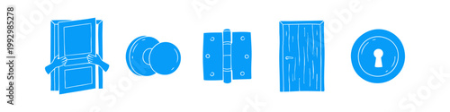 Set of blue hand-drawn icons related to door installation and hardware, featuring a wooden door, door knob, metal hinge, keyhole, and hands fixing a door, on a white background.