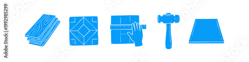 Set of blue hand-drawn icons for home renovation and flooring, featuring wooden planks, a decorative tile, a hand measuring with a ruler, and a hammer isolated on a white background.