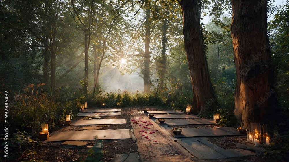 Obraz premium outdoor meditation and sound healing space in a misty forest with yoga mats candles and singing bowls in morning light for celebrating international day of yoga