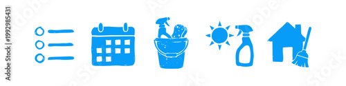 Set of blue hand-drawn cleaning icons featuring a checklist, calendar, bucket, spray bottle, and house with a broom. Perfect for spring cleaning and household management concepts.
