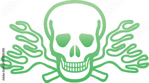 A vibrant green skull and crossbones design on a stark white background