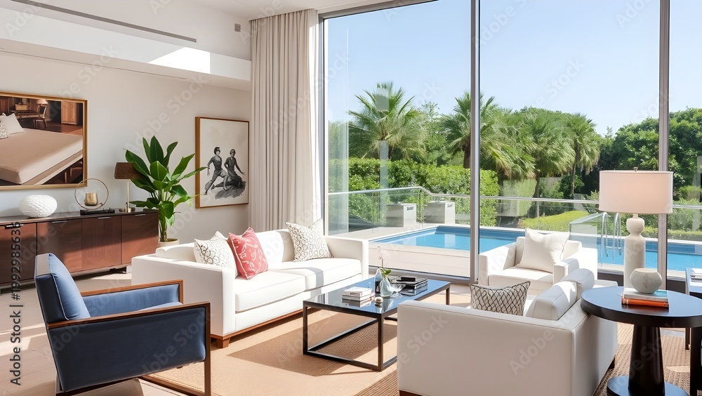 Fototapeta premium Modern Sunlit Living Room with Poolside View and Tropical 