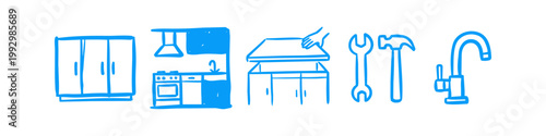 Hand-drawn blue icons for kitchen renovation, including cabinets, stove, countertop installation, tools, and faucet. Perfect for DIY home improvement and remodeling concepts.