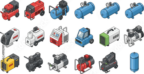 Air compressor and industrial equipment vector set in isometric style, portable machines and pressure tanks collection for workshop, factory and engineering design