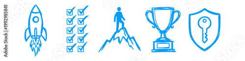 Set of blue hand-drawn business icons featuring a rocket launch, checklist, mountain climber achievement, trophy, and security shield. Concept for startup success and growth.