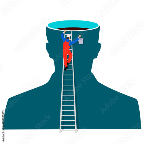Conceptual image of a worker filling a human head