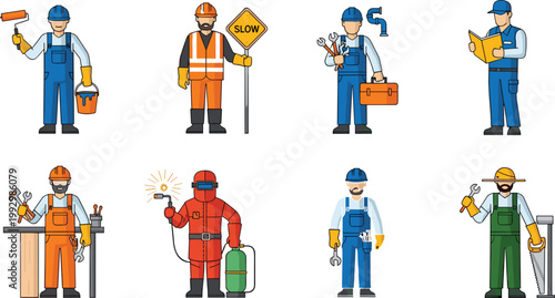 Construction workers vector set in flat style, professional builders and repair technicians collection with tools for industry, maintenance and engineering design