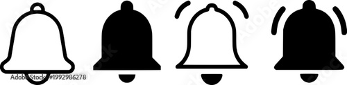 A set of four black and white bell icons in different states, including solid, outline, and ringing variations.