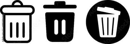 A set of three minimalist trash can icons in black and white