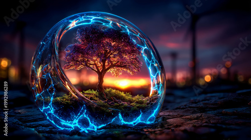 Protected Ecosystem in Energy Shield Orb at Sunset Climate Concept