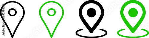 A set of four minimalist location pin icons in black and green colors, designed as vector graphics for use in digital applications.