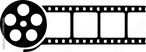 A minimalist vector graphic of a film reel and strip, symbolizing cinema and filmmaking.