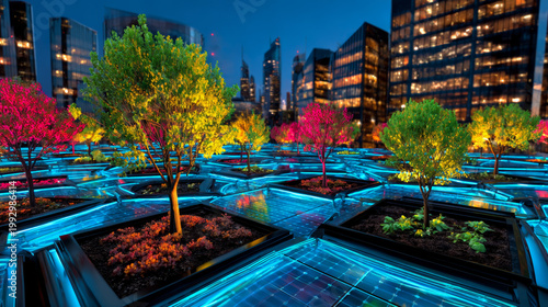 Futuristic Neon Rooftop Garden with Solar Panels in Smart City