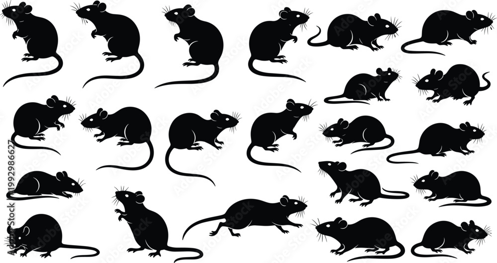 Fototapeta premium Rat silhouette vector set in flat style, black rodent collection with different poses for pest control, wildlife and animal design