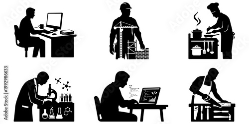 Set of various professions and occupations silhouettes. Black vector illustrations of office worker, builder, chef, scientist, programmer, and carpenter isolated