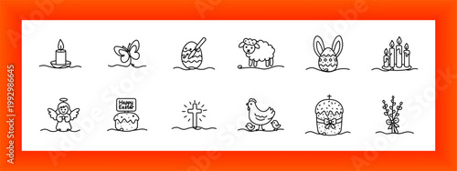 Easter religious set icon. Candle flame, butterfly insect, painted egg brush, sheep animal, bunny egg, candle group, angel figure, easter cake, cross symbol, hen chicks, decorated bread
